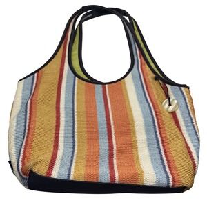 The Sak Striped Shoulder Tote Bag Multicolor Knit Fabric Lime‎ Green Lining Boho